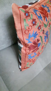 Suzani hand-embroidered cushion cover with Ikat fabric at the back