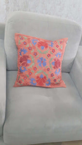 Suzani hand-embroidered cushion cover with Ikat fabric at the back