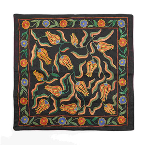 Suzani hand-embroidered silk cushion cover - black