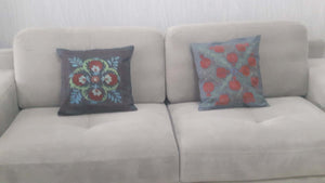 Suzani hand-embroidered cushion cover - grey with pomegranate pattern