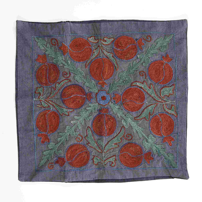 Suzani hand-embroidered cushion cover - grey with pomegranate pattern