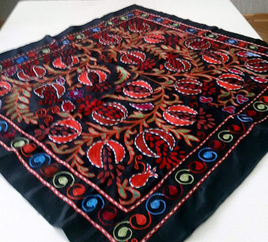 Suzani hand-embroidered silk fabric - black