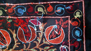 Suzani hand-embroidered silk fabric - black