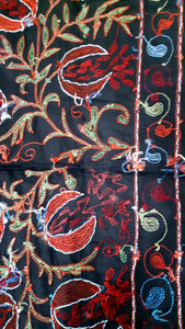 Suzani hand-embroidered silk fabric - black