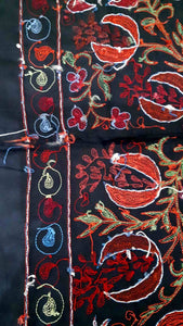 Suzani hand-embroidered silk fabric - black