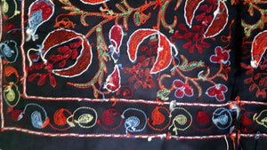 Suzani hand-embroidered silk fabric - black