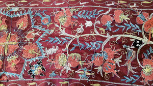 Suzani hand-embroidered silk fabric - red