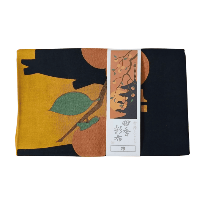 Japanese textile wall-art hanging with autumn pattern (Kaki Persimmons and five-story pagoda )