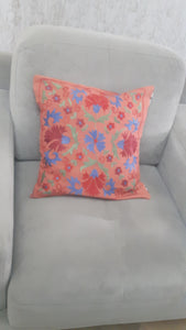 Suzani hand-embroidered cushion cover with Ikat fabric at the back