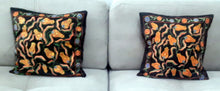 Load image into Gallery viewer, Suzani hand-embroidered silk cushion cover - black