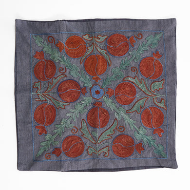 Suzani hand-embroidered cushion cover - grey with pomegranate pattern