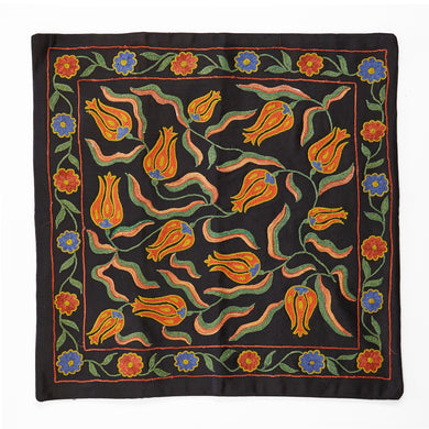 Suzani hand-embroidered silk cushion cover - black