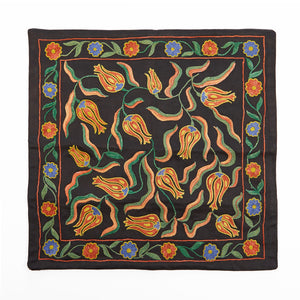 Suzani hand-embroidered silk cushion cover - black